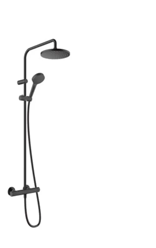 Schwarze Hansgrohe Duschsäule mit einer Kopf- und Handbrause sowie integriertem Thermostat. Die Konstruktion ist minimalistisch und funktional gestaltet.
